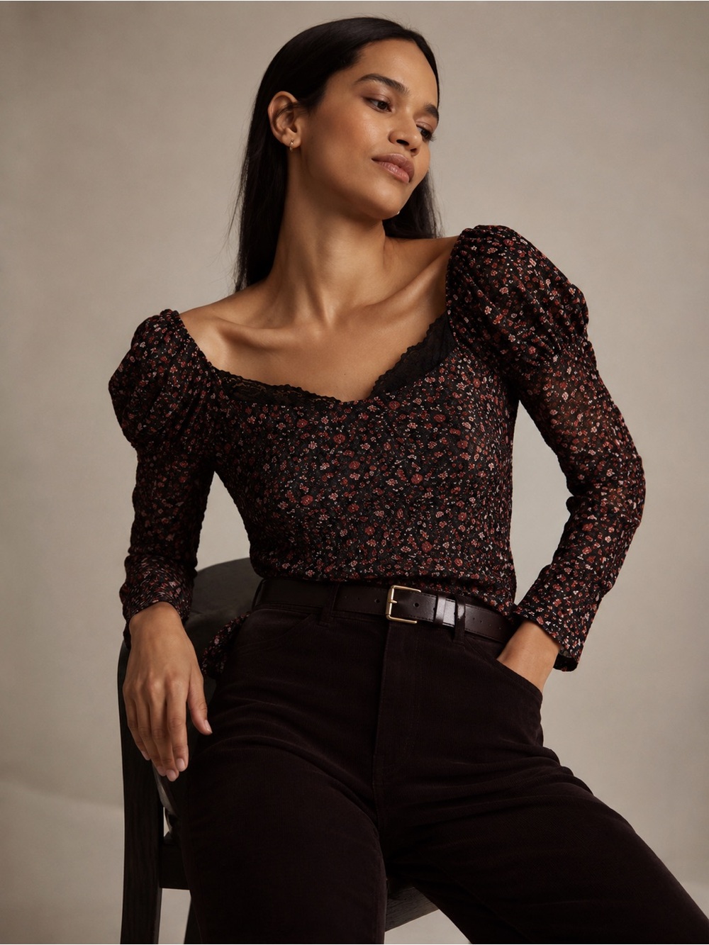 Anthropologie MAEVE 
Mutton-Sleeve Scoop-Neck Ditsy Floral Top M nwt